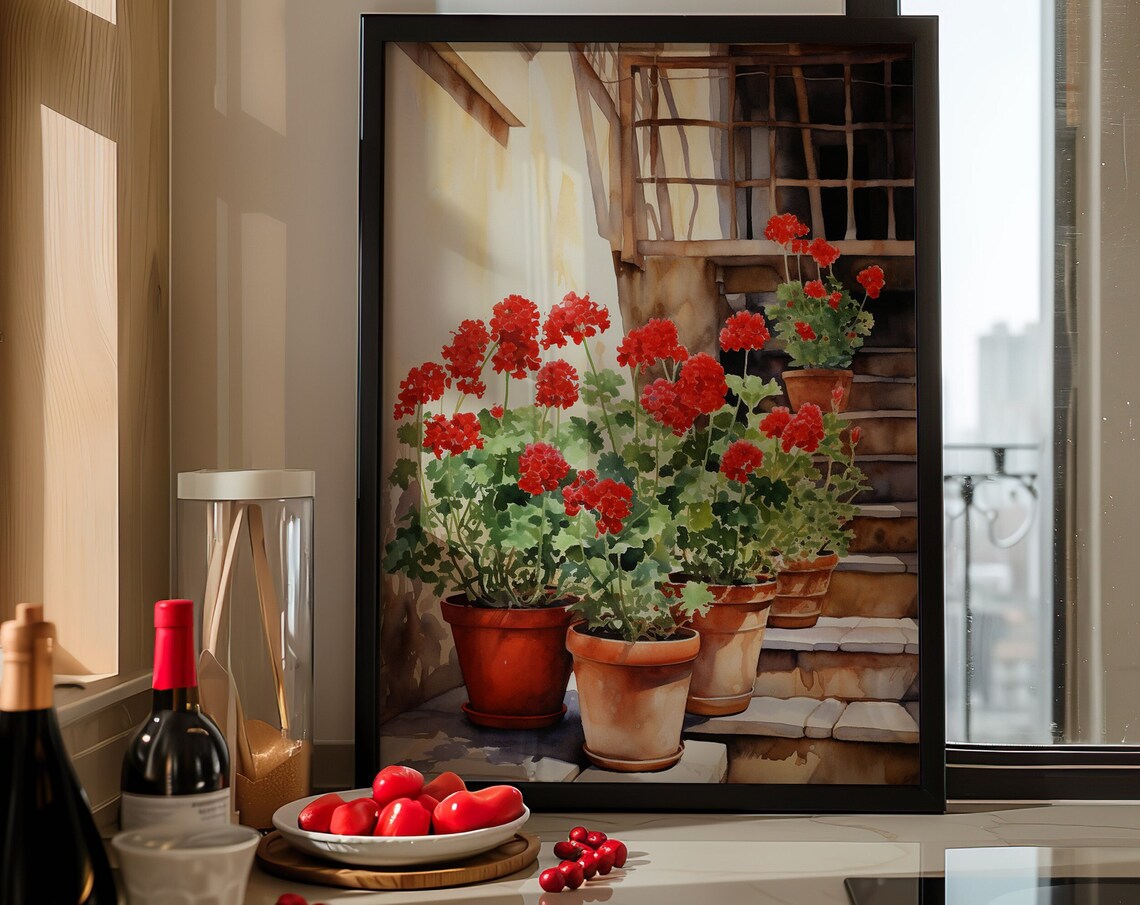 Red Geraniums Watercolor Terracotta Pots Floral Scene Art Poster