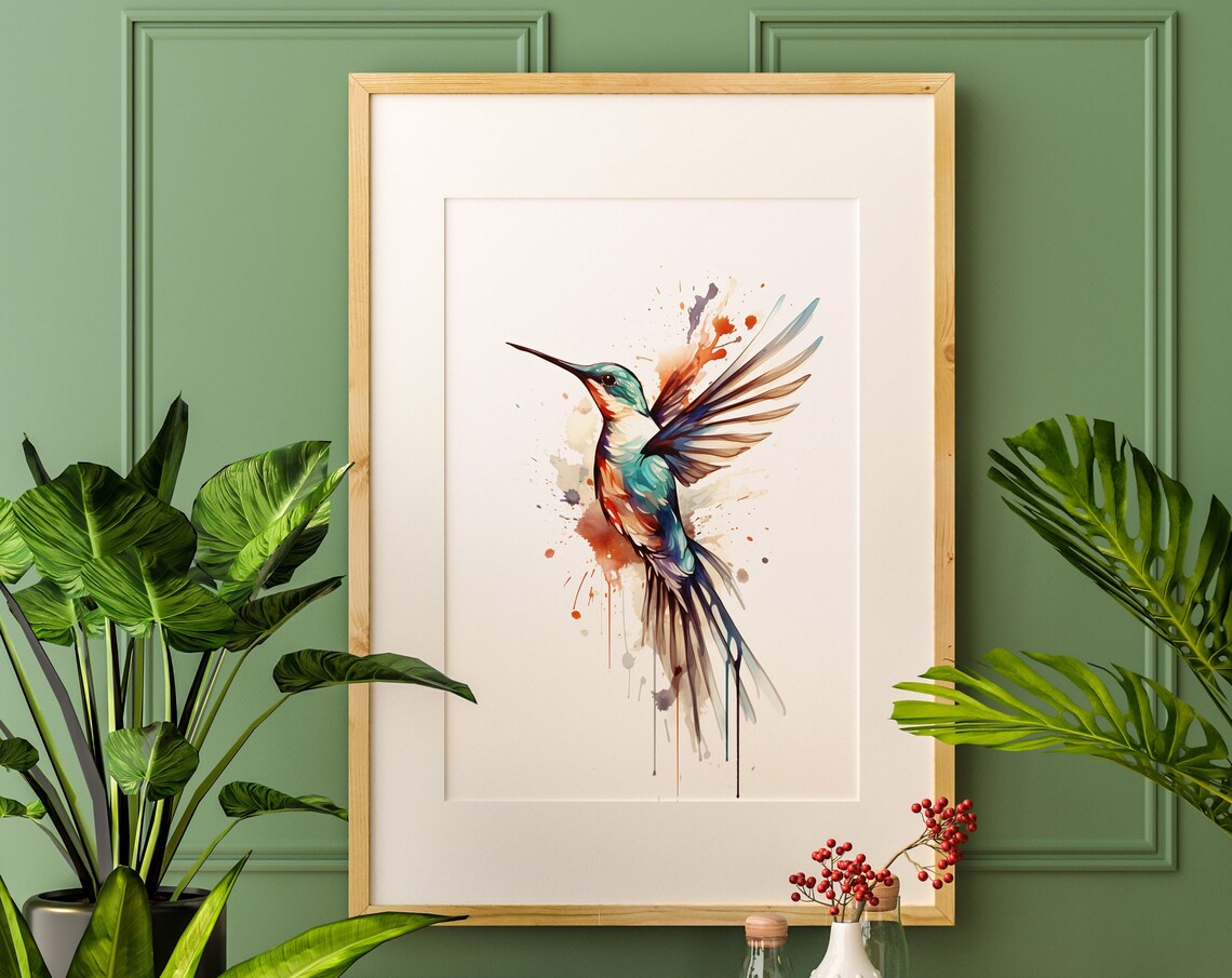 Colorful Hummingbird Watercolor Splash Flying Bird Art Poster