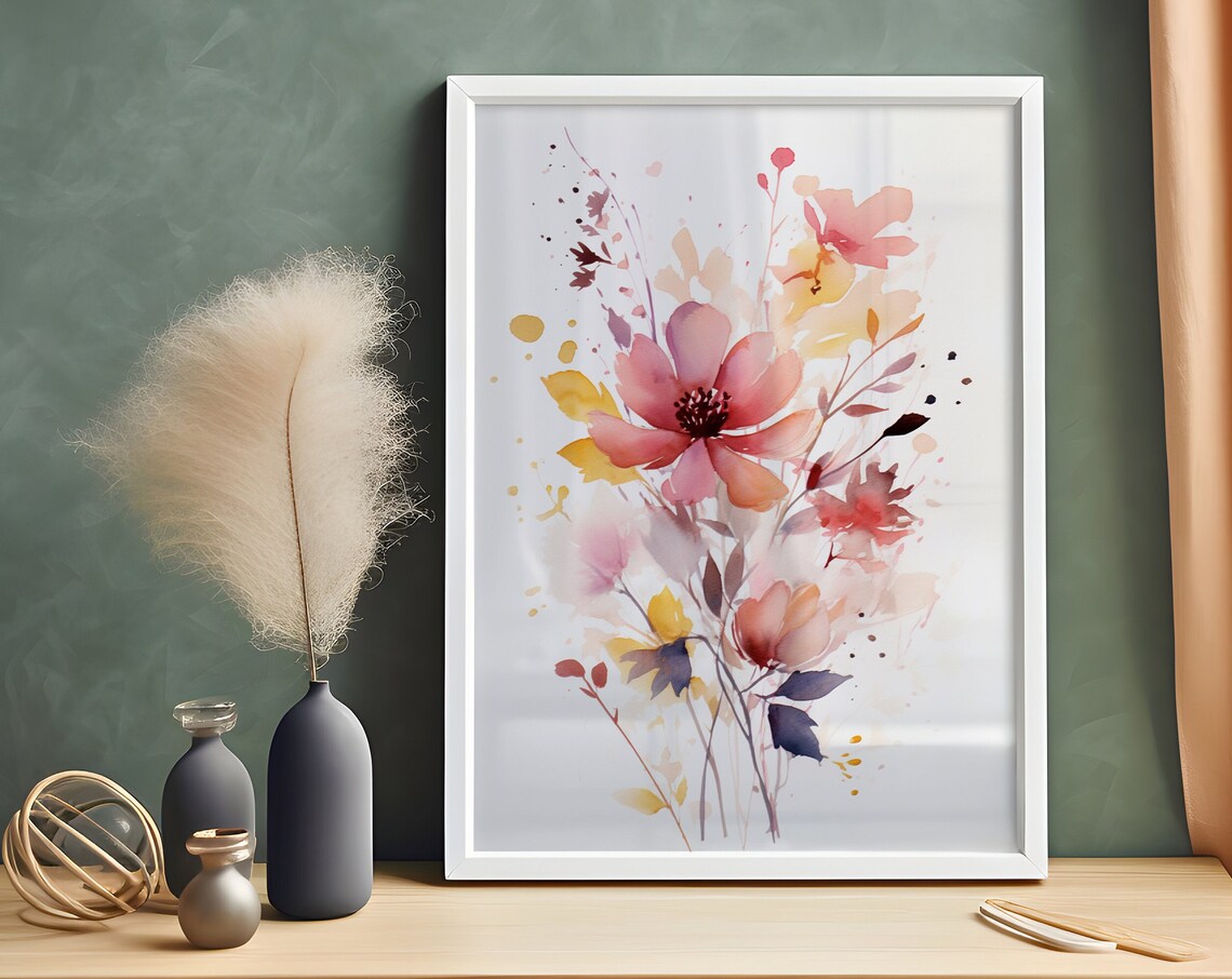 Neutral Pink Wildflower Bouquet Blush Watercolor Botanical Art Poster