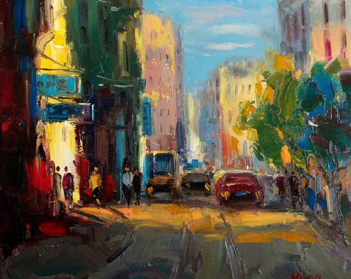 Colorful City Street Dusk Shops Cars Busy Evening Scene Poster