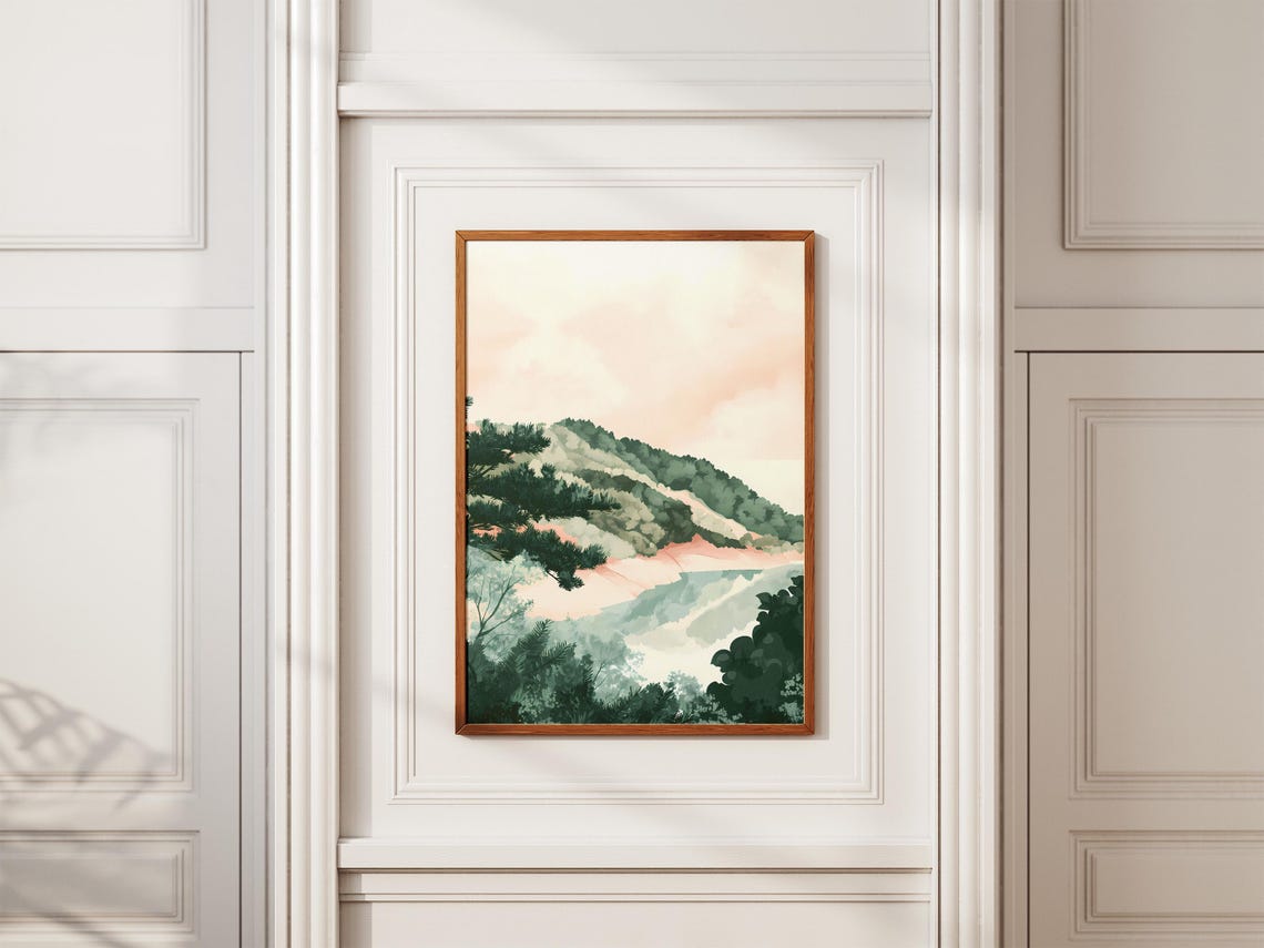 Serene Misty Pine Forest River Valley Watercolor Landscape Poster - Image 2