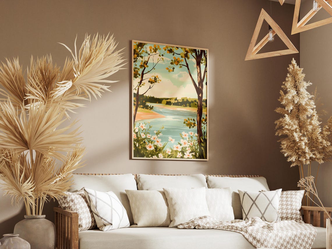 River Bend Lined With White Wildflowers And Golden Trees Poster - Image 3