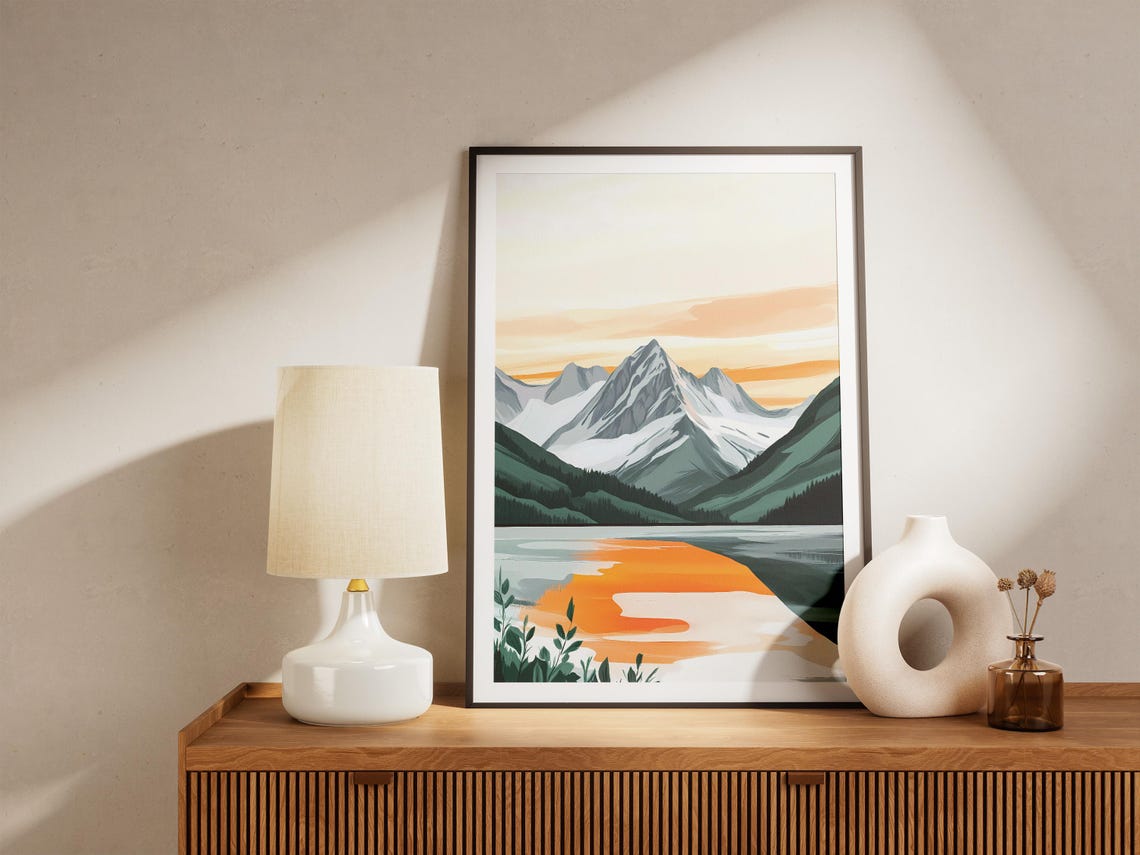 Alpine Lake With Orange Sunset Reflection Snowy Peaks Poster - Image 5
