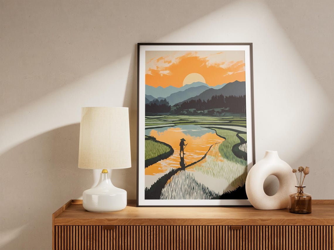 Farmer Silhouette Flooded Rice Paddy Sunset Orange Sky Poster - Image 5