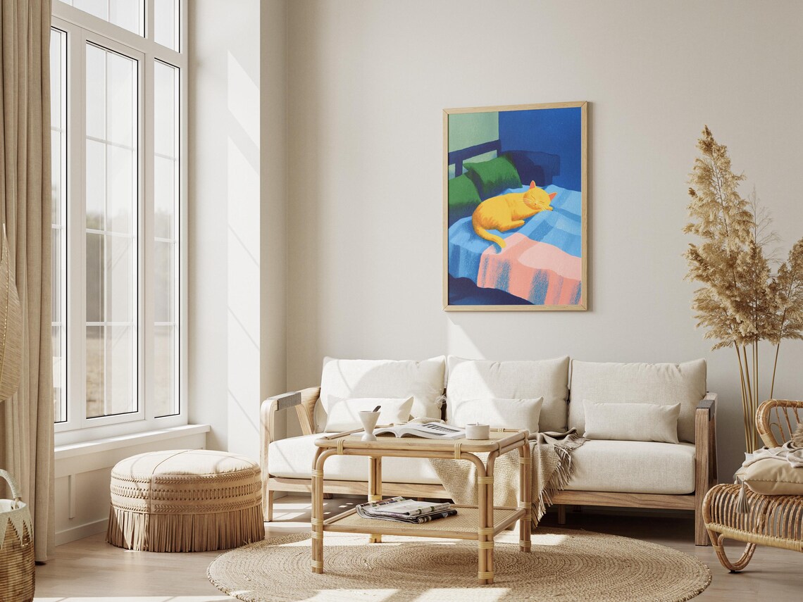 Yellow Cat Sleeping in Bed Blue Blanket Matisse Style Cat Poster - Image 3