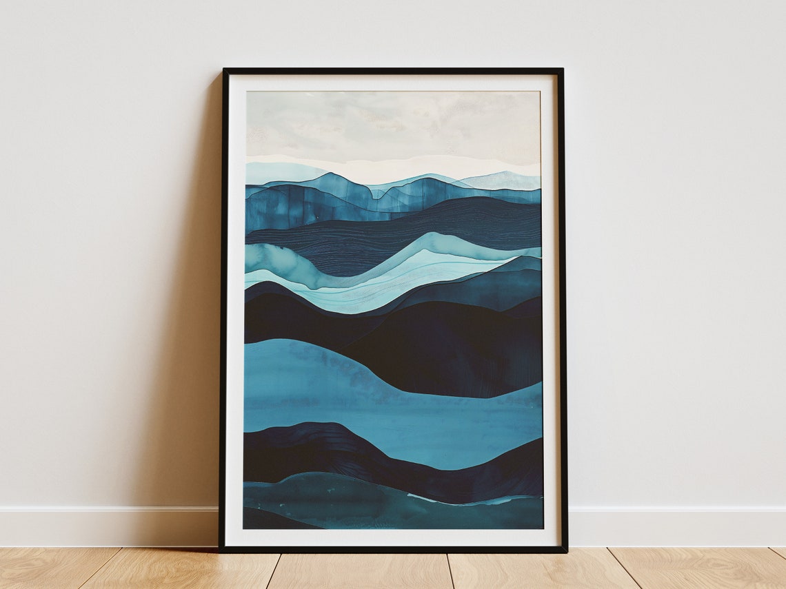 Layered Indigo Blue Watercolor Waves Abstract Modern Ocean Print