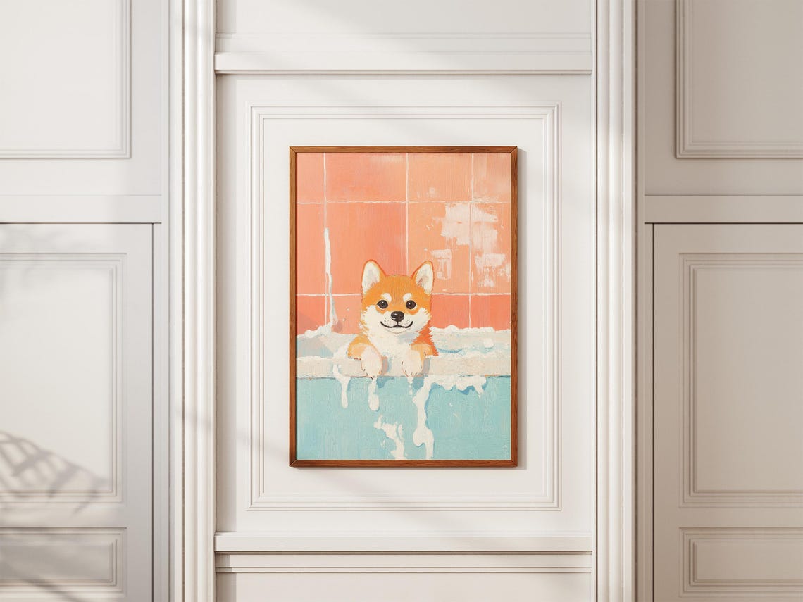 Smiling Shiba Inu Puppy Bubble Bath Peach Tile Cute Dog Poster - Image 2
