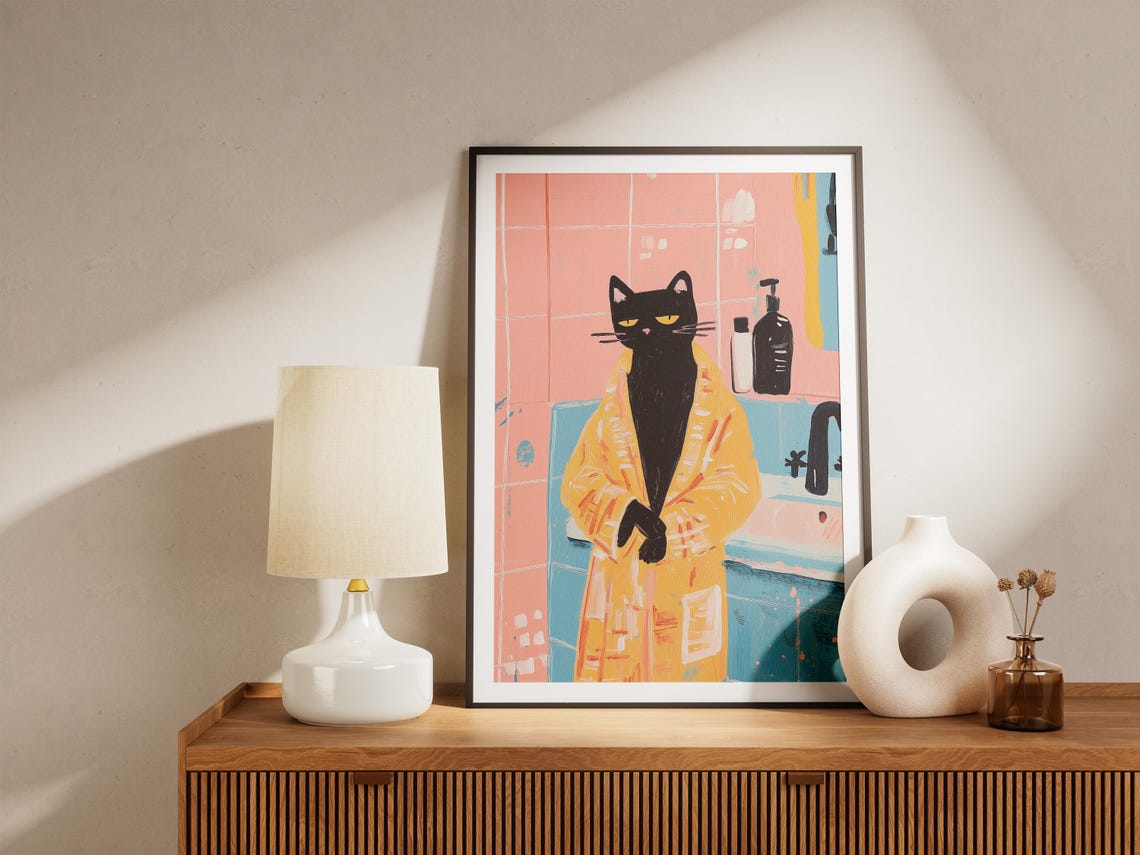 Black Cat in Yellow Bathrobe Pink Tile Bathroom Whimsical Cat Poster - Image 4