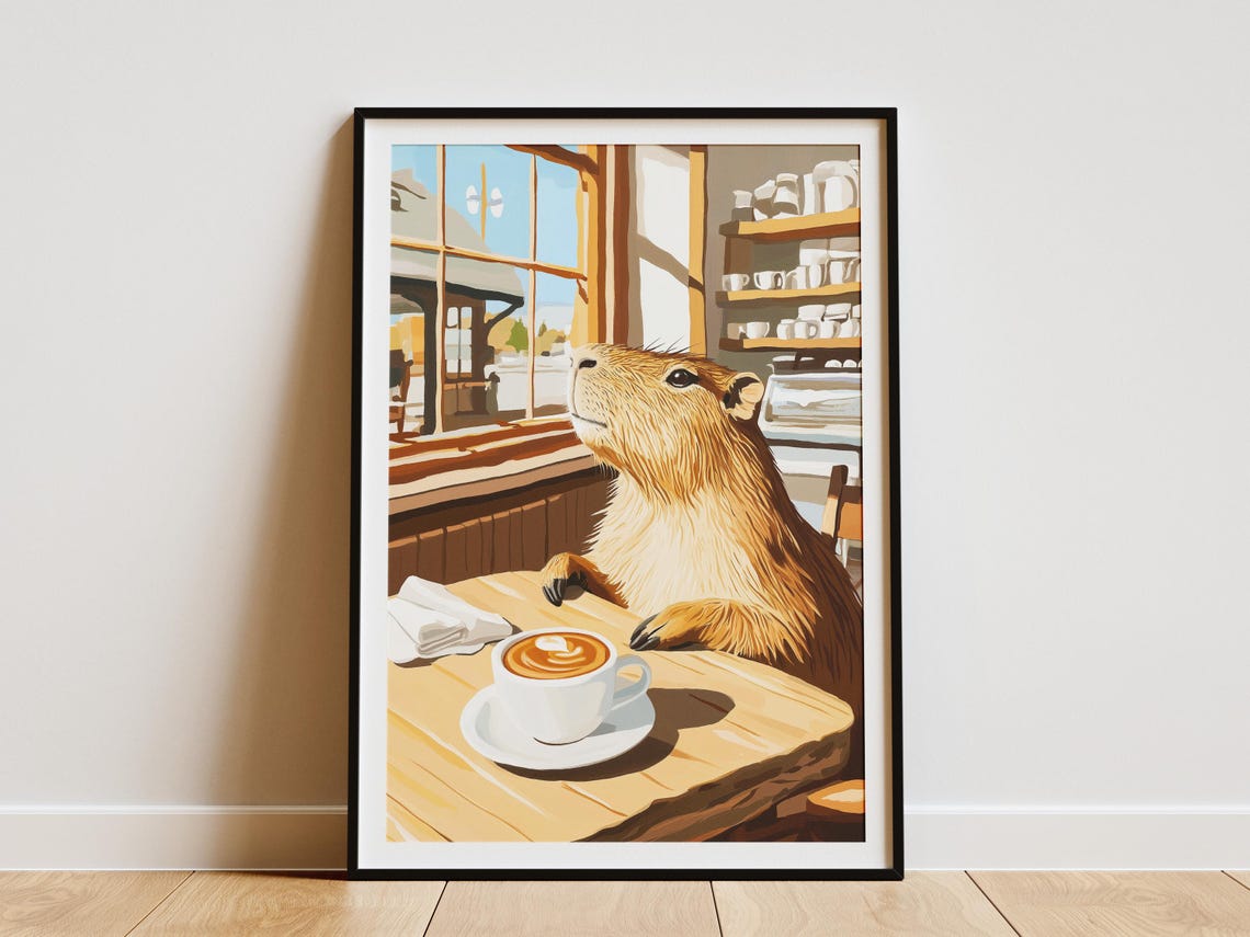 Chill Capybara with Latte Art Coffee at a Cozy Cafe Window Poster