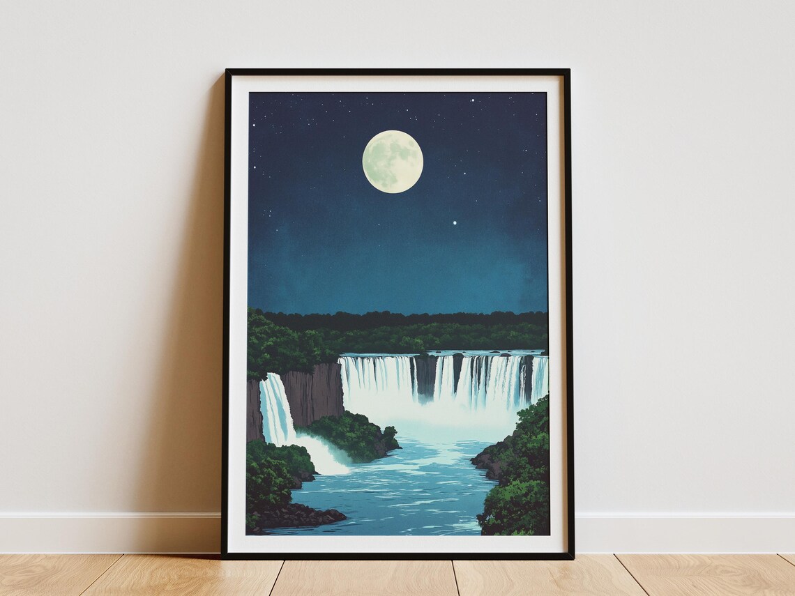 Iguazu Falls Argentina Brazil Moonlit Night Vintage Travel Poster