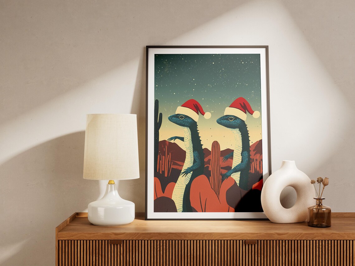 Funny Christmas Lizards in Santa Hats Desert Night Holiday Poster - Image 5