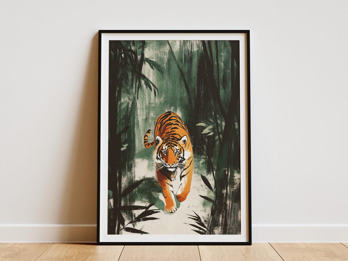Tiger Walking Through A Dark Bamboo Forest Dramatic Wildlife Poster