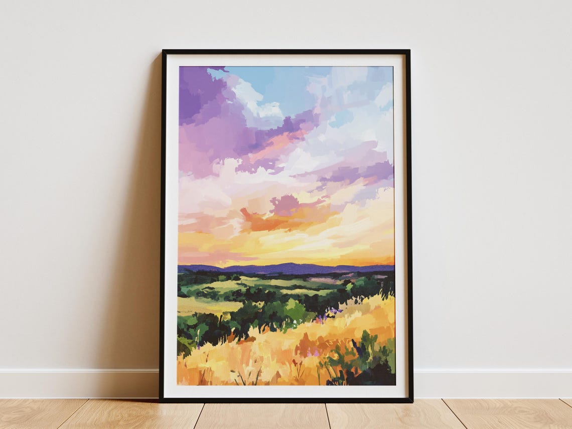 Painted Sunset Sky Over Rolling Green And Golden Hills Poster