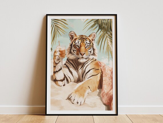 Tiger Raising A Cocktail Glass On A Sunny Tropical Beach Poster