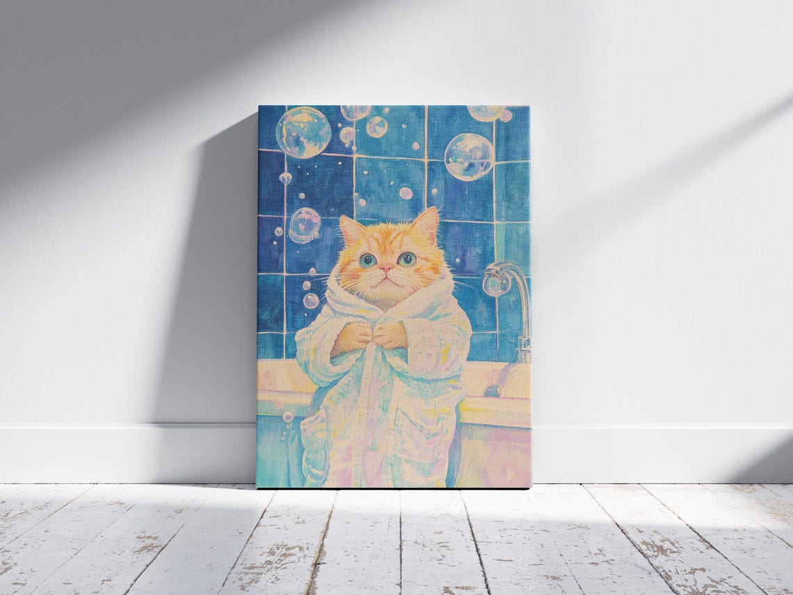 Orange Kitten in White Bathrobe Bubble Bath Cute Cat Wall Poster - Image 2