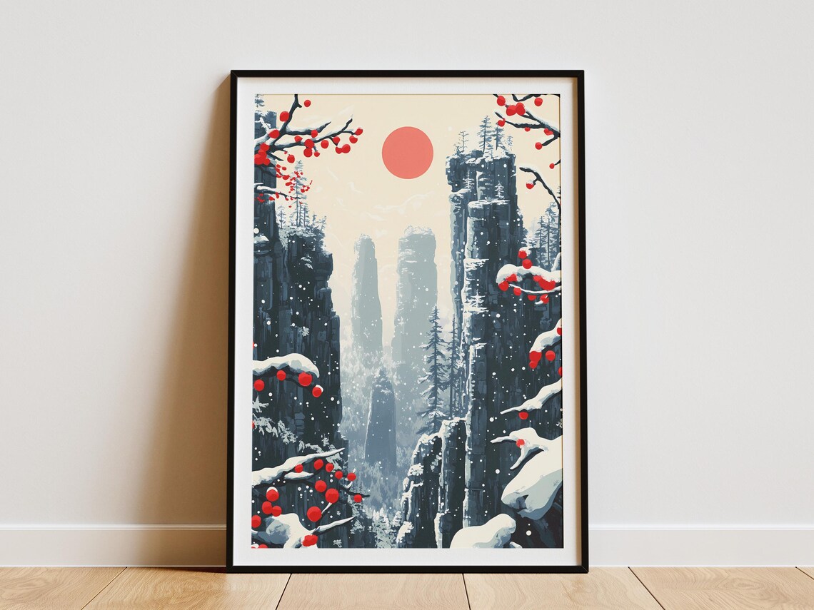 Zhangjiajie Snowy Stone Pillars Red Berries Winter Travel Poster