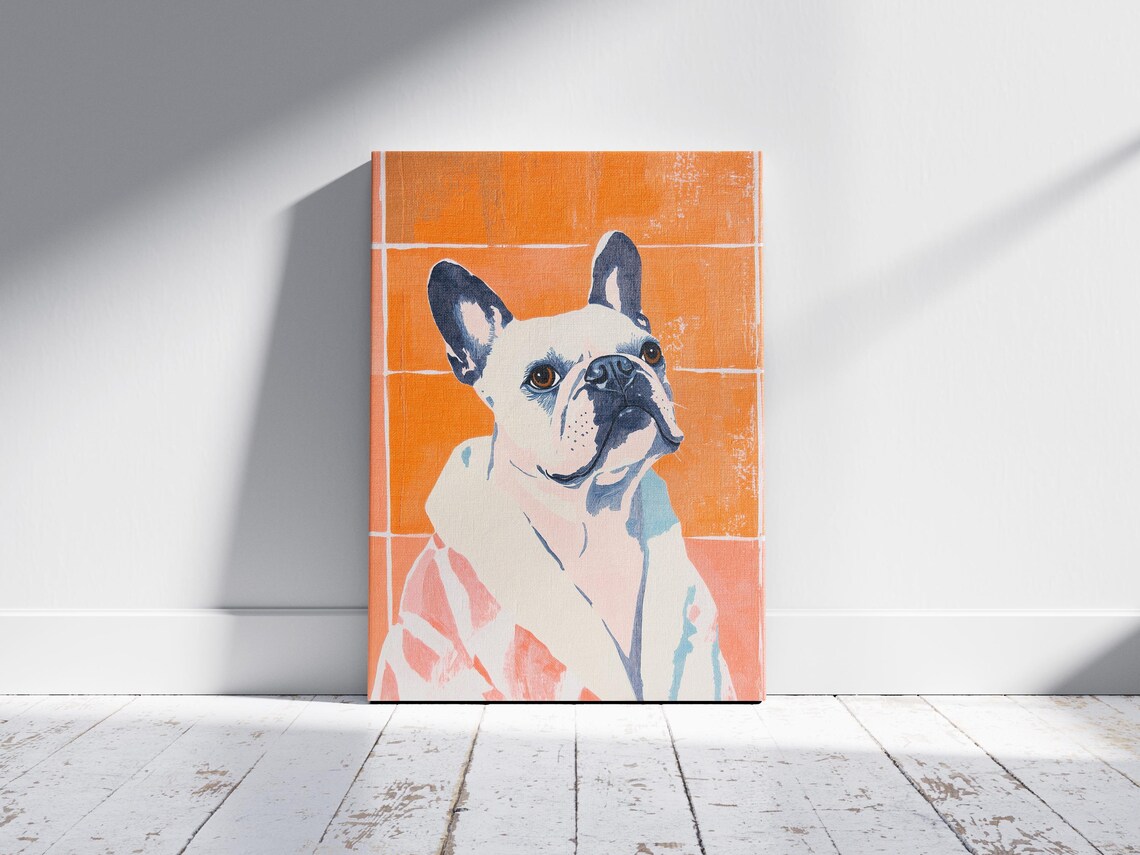 Cream French Bulldog in Soft Robe Orange Tile Dog Art Poster - Image 2