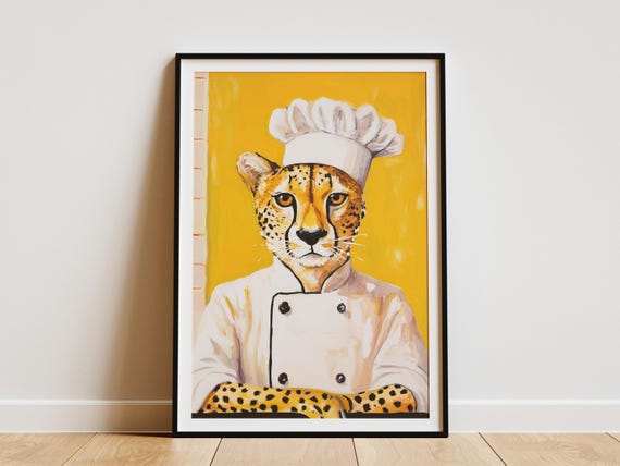 Cheetah Chef Art Print Animal Poster Funny Kitchen Unique Wall Decor Whimsical Lover Gift Quirky