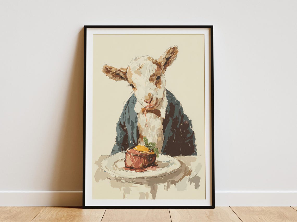 Dapper Baby Goat in Suit Eating Steak Funny Dinner Art Poster