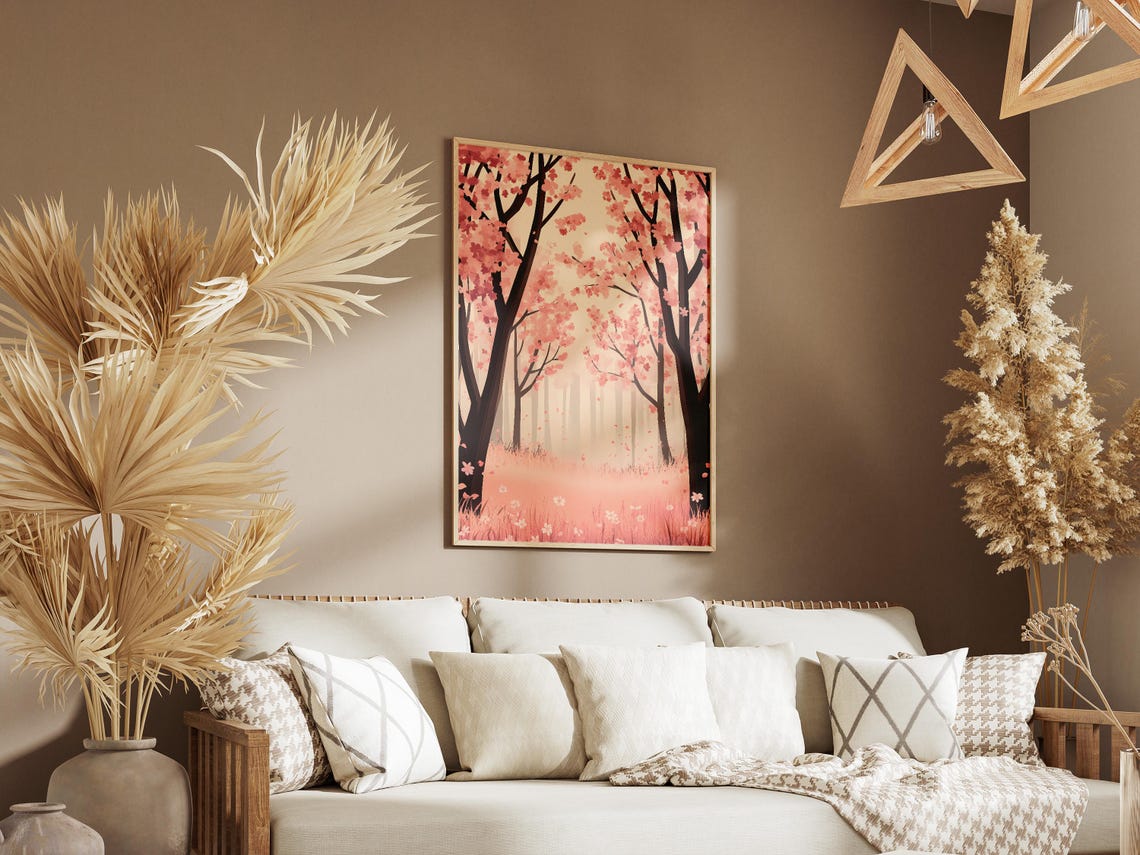 Pink Cherry Blossom Grove in Soft Misty Morning Light Art Poster - Image 3