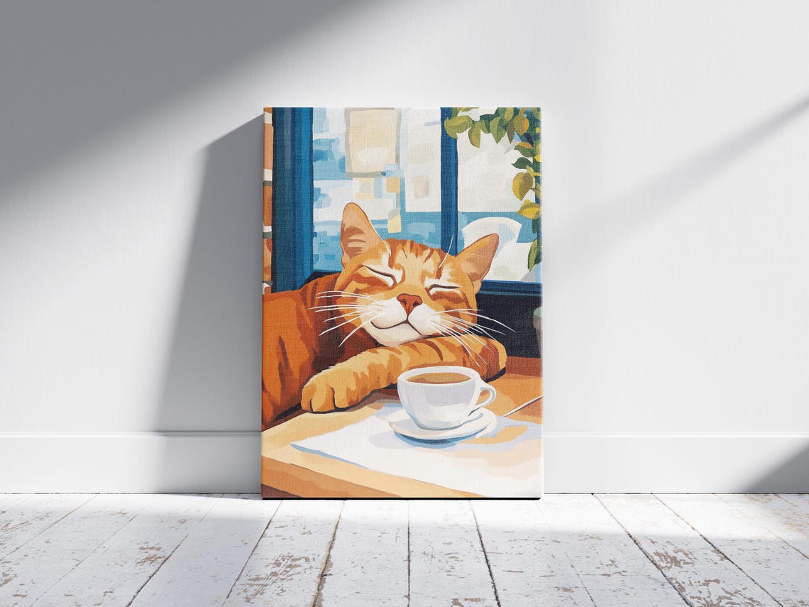Blissful Orange Cat Resting Its Chin by a Cup of Coffee Poster - Image 2