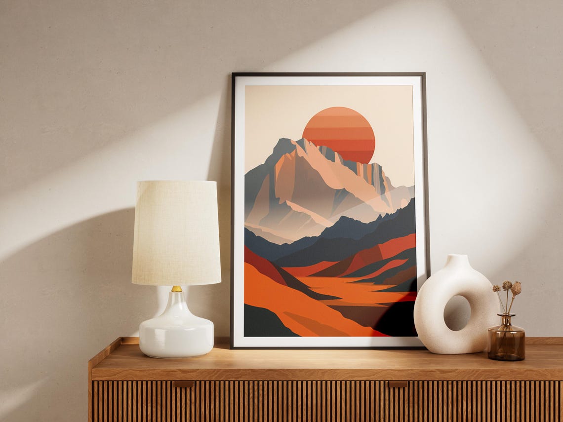 Abstract Mountain Sunset Orange Peaks Minimalist Modern Art Poster - Image 2