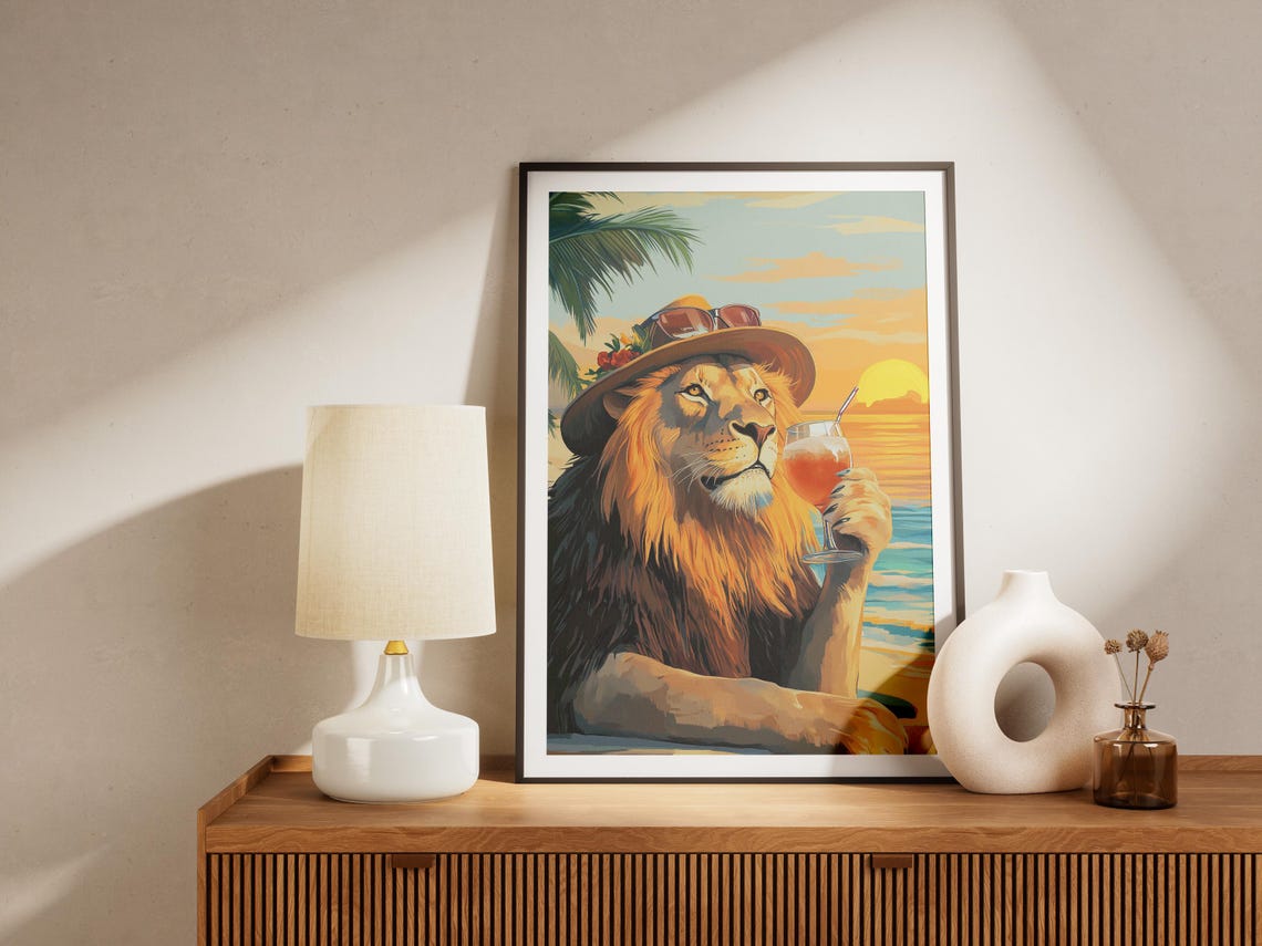 Lion at Tropical Sunset Beach with Cocktail Vacation Art Poster - Image 4