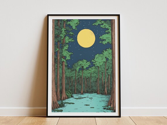 Congaree National Park Moonlit Swamp Forest With Golden Moon Night Poster