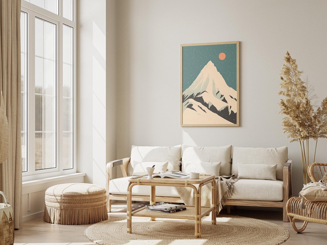 Minimalist Cream Mountain Peak Orange Sun Under Teal Starry Sky Poster - Image 4
