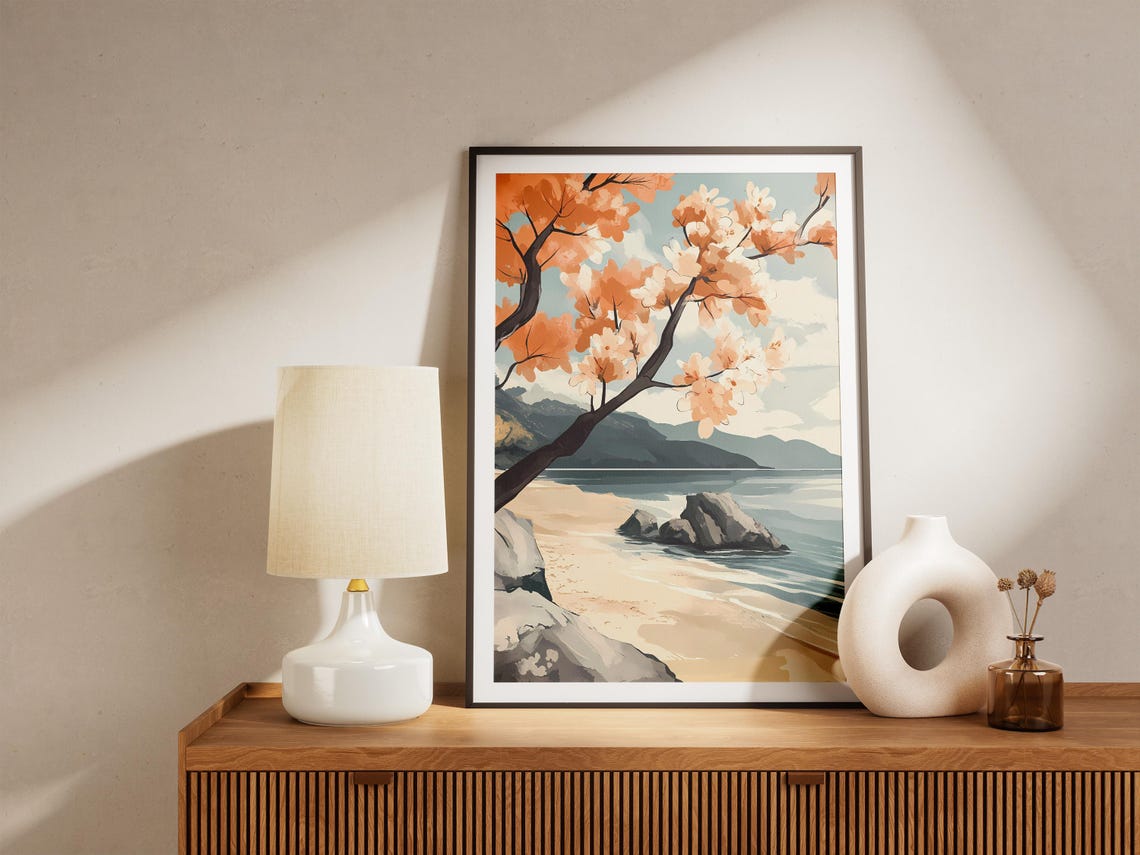 Blossom Tree Branch Over Sandy Lake Shore Dreamy Spring Poster - Image 5