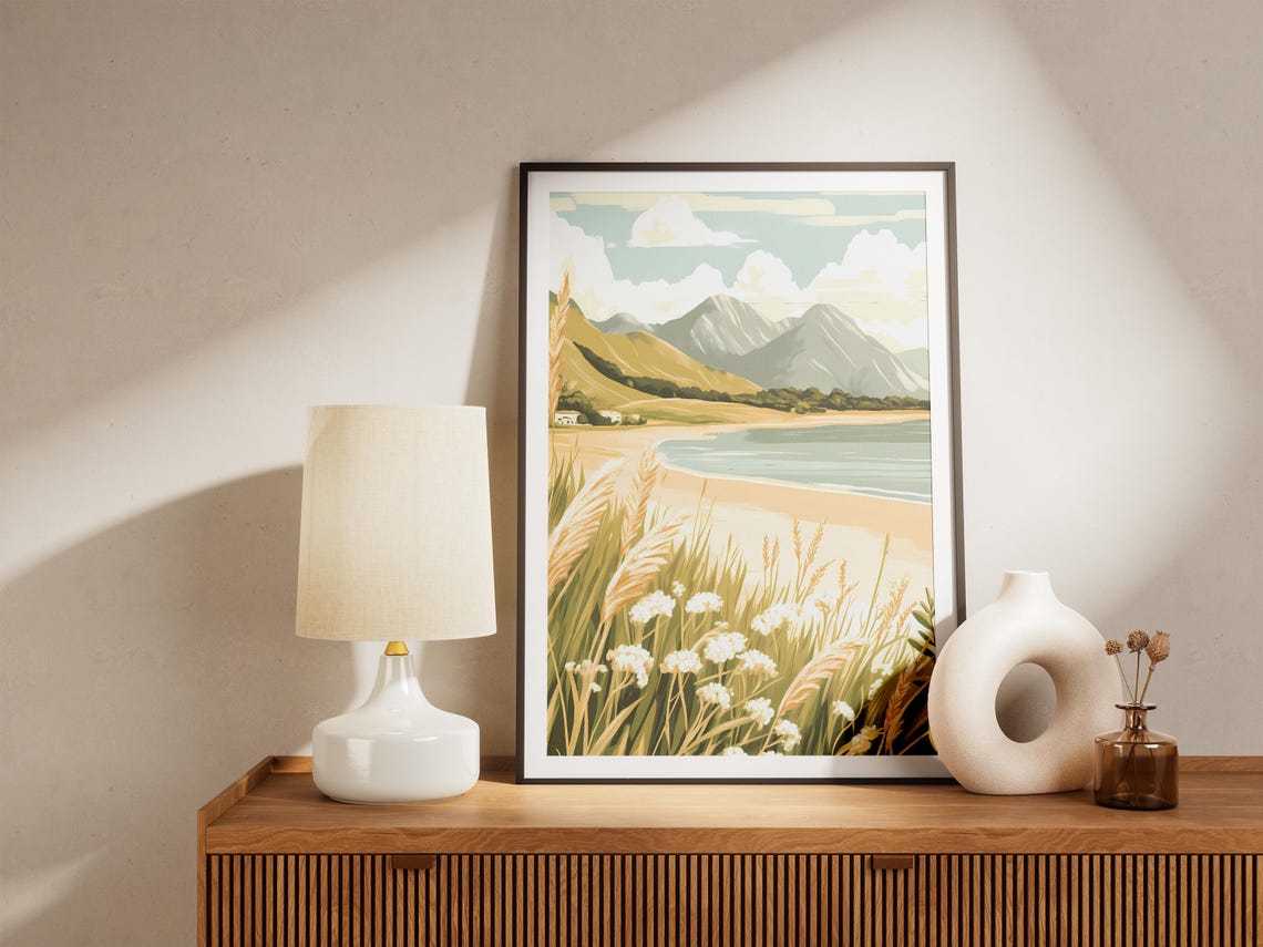 Windswept Coastal Dune Grasses Overlooking A Sunny Mountain Bay Poster - Image 5