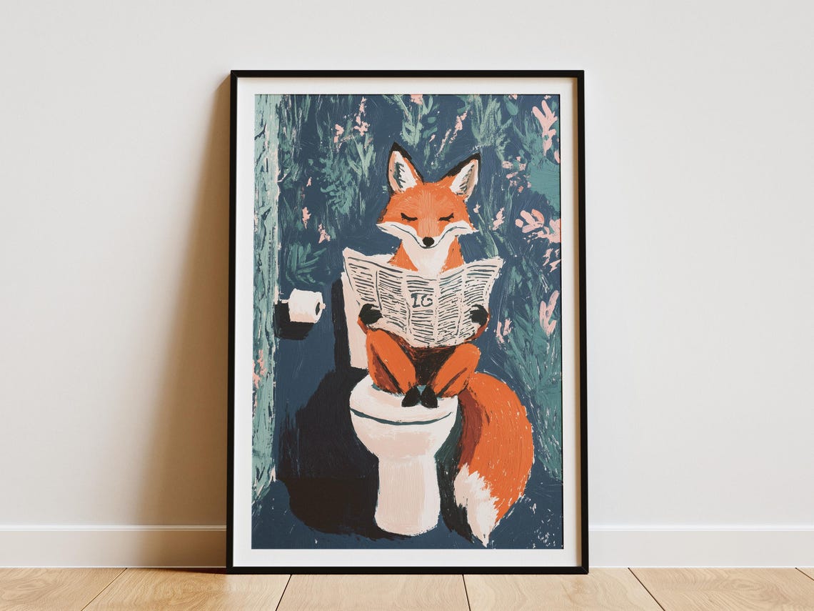 Orange Fox Reading Newspaper On Toilet Floral Bathroom Poster