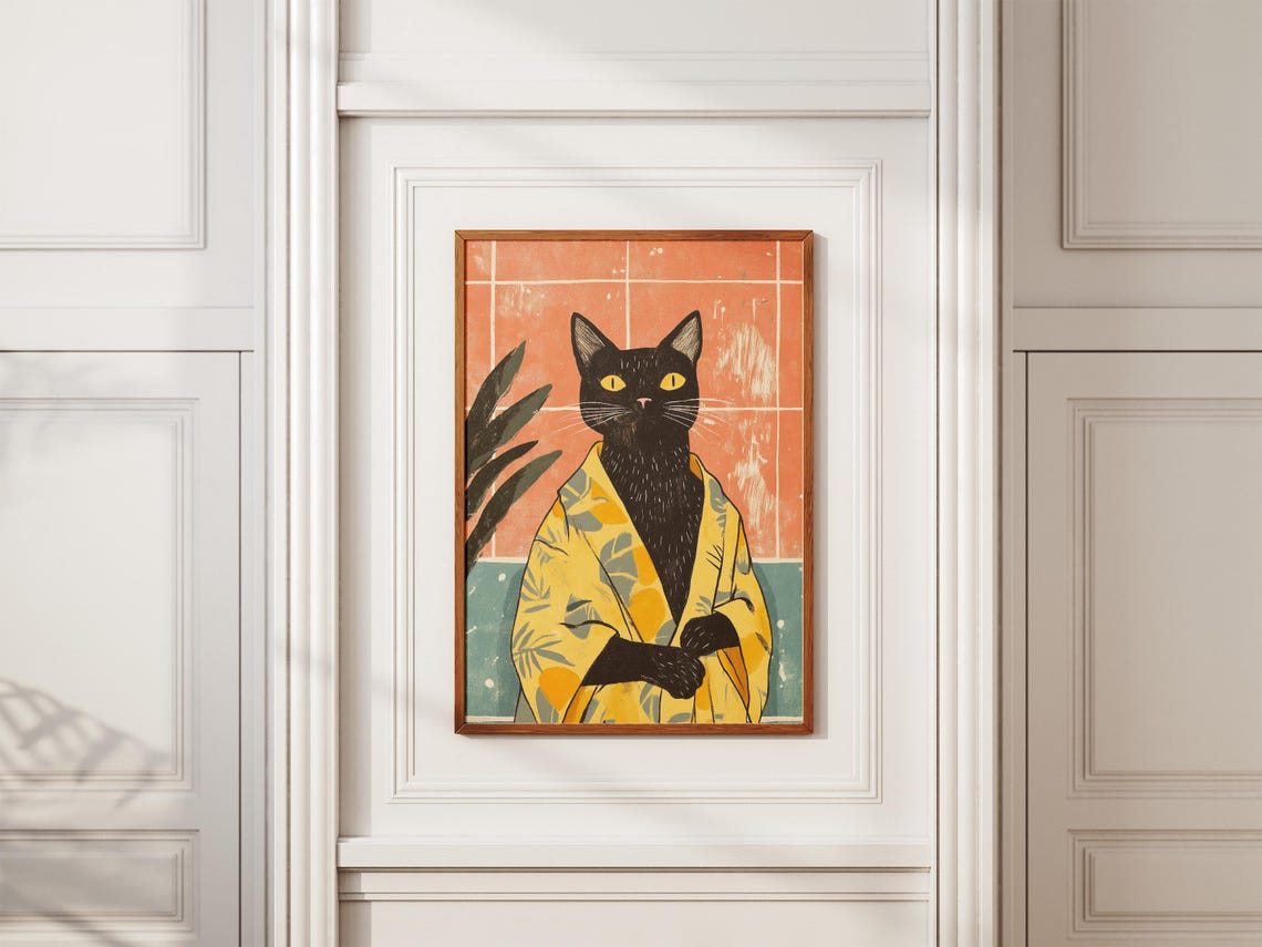 Sleek Black Cat in Yellow Leaf Pattern Robe Fun Cat Art Poster - Image 2
