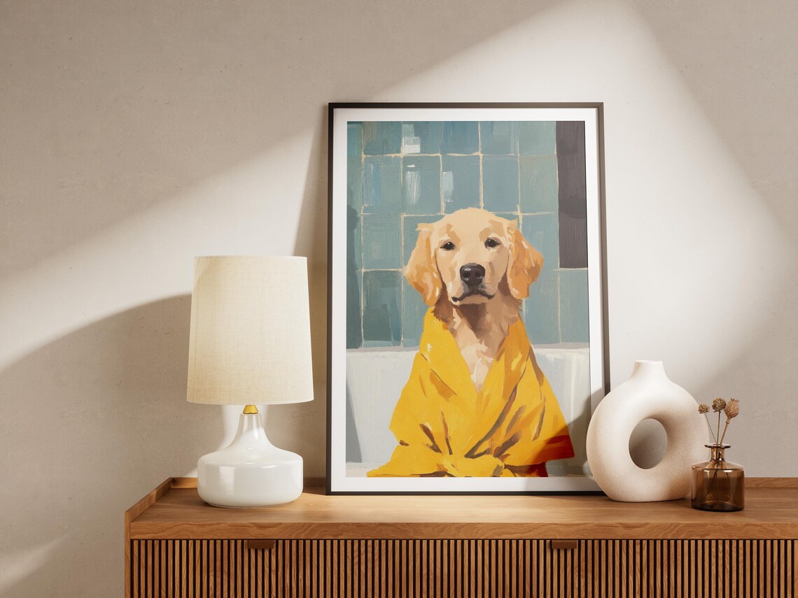 Golden Retriever Puppy In Yellow Robe Poster Cute Dog Bathroom Art - Image 4