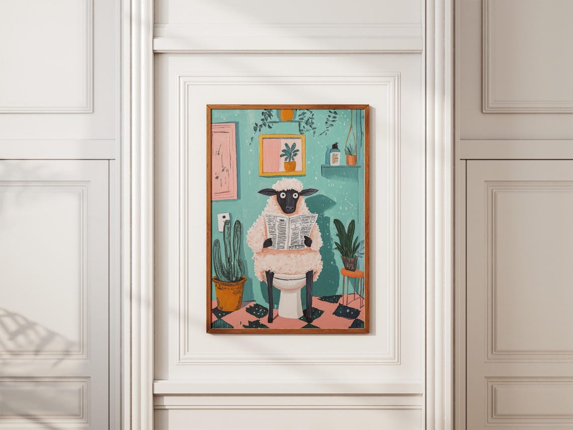 Sheep Reading Newspaper on Toilet Teal Tile Bathroom Fun Poster - Image 2