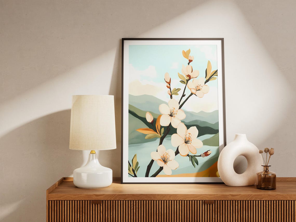 Spring Plum Blossom Branch With White Flowers And Green Hills Poster - Image 4