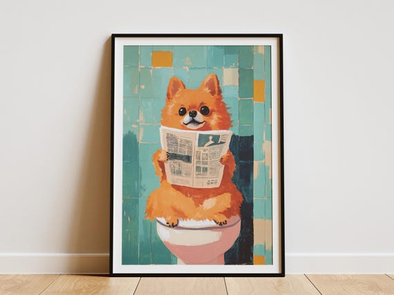 Pomeranian Dog Art Print Funny Bathroom Decor Canine Newspaper Reader Toilet Humor Poster Quirky Animal Pet Lover Gift