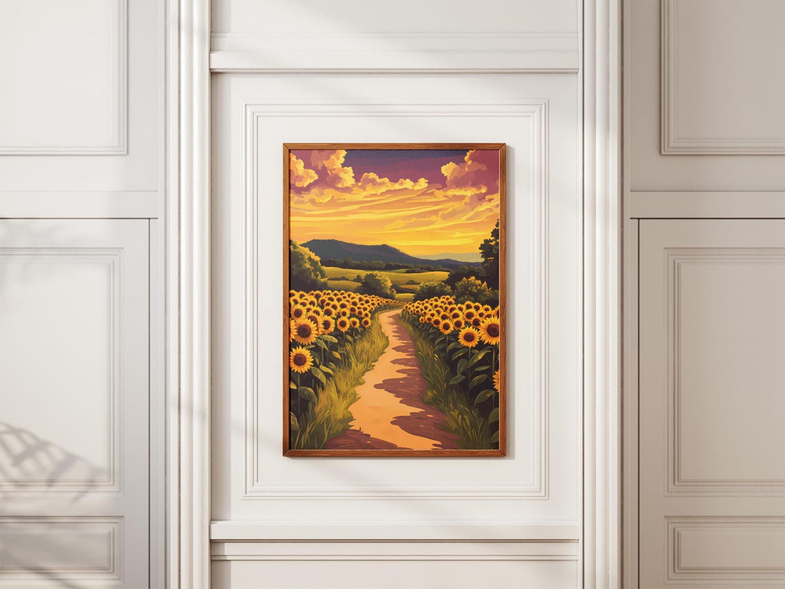 Sunflower Dusk Road Summer Poster Nature Wall Art Yellow Flower Field Country Road Print Farmhouse Decor Sunflower Art Print Vintage - Image 2