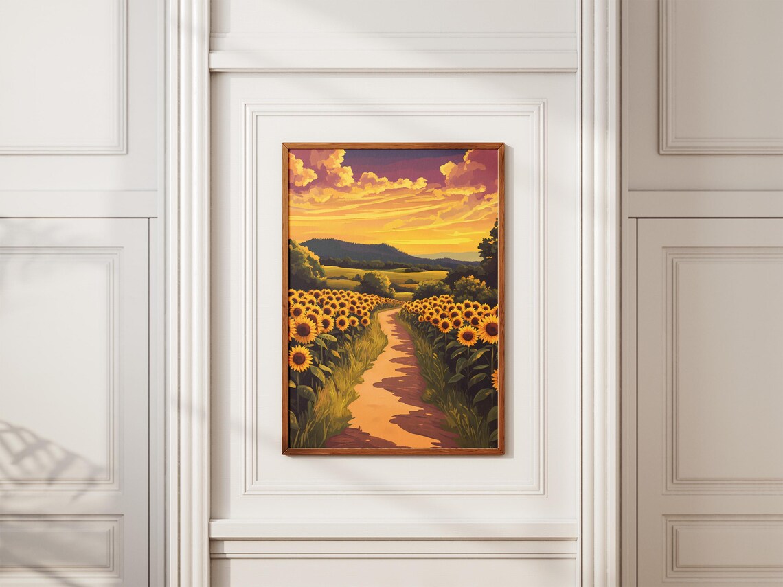Sunflower Road At Dusk Purple Gold Sky Country Landscape Poster - Image 2