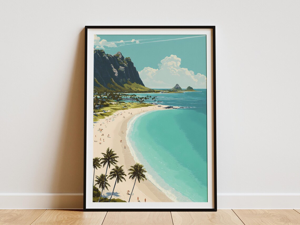 Waimanalo Hawaii Beach Vintage Travel Art Turquoise Ocean Poster