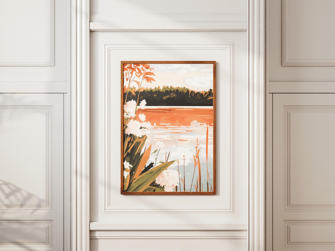 Lake Sunset With White Flowers And Orange Leaves Nature Poster - Image 2