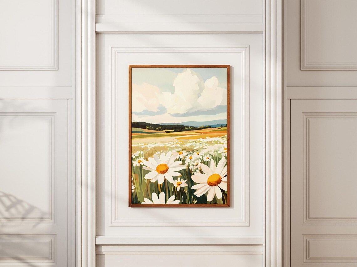 White Daisy Field Golden Farmland Forest Horizon Spring Art Poster - Image 2