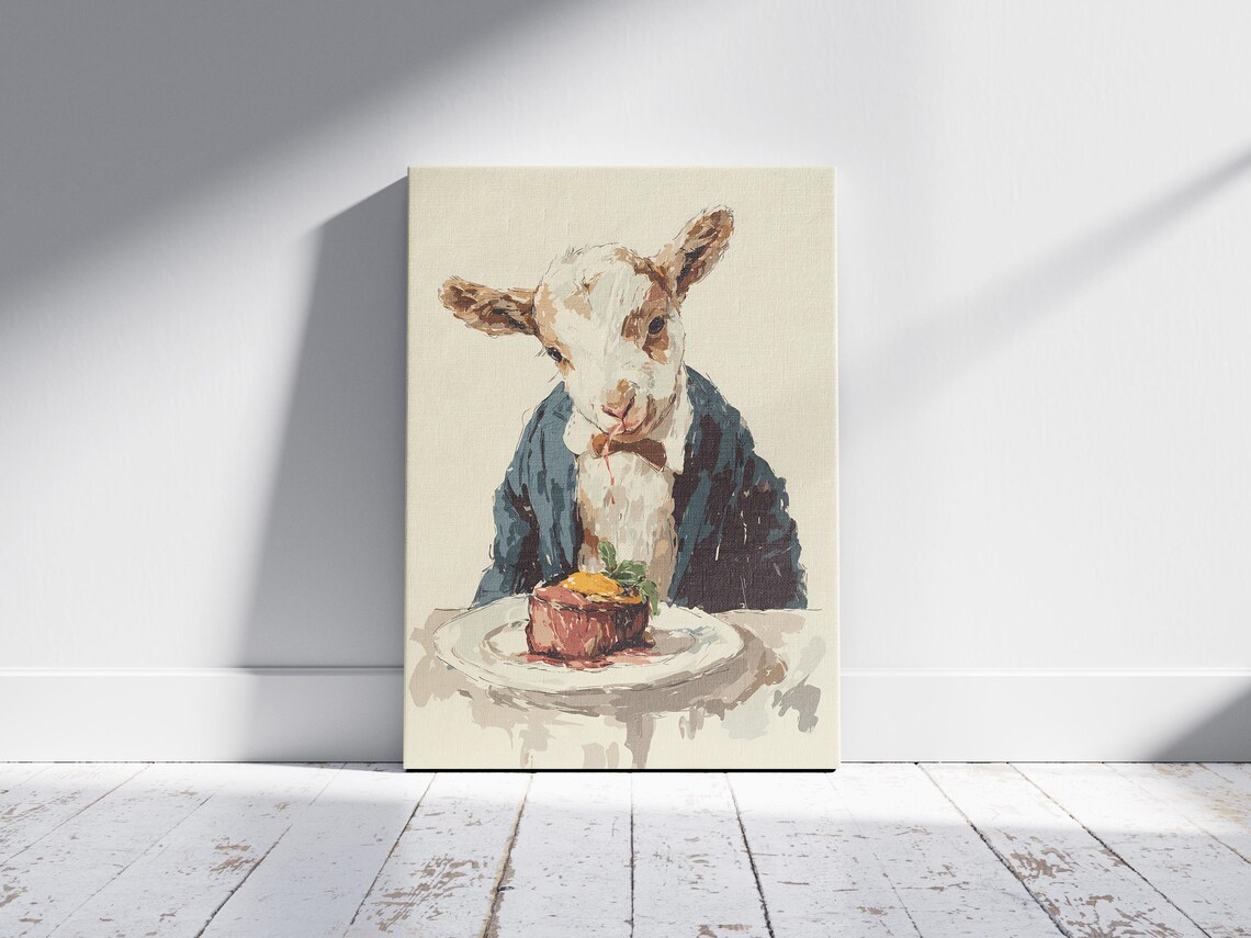 Dapper Baby Goat in Suit Eating Steak Funny Dinner Art Poster - Image 2
