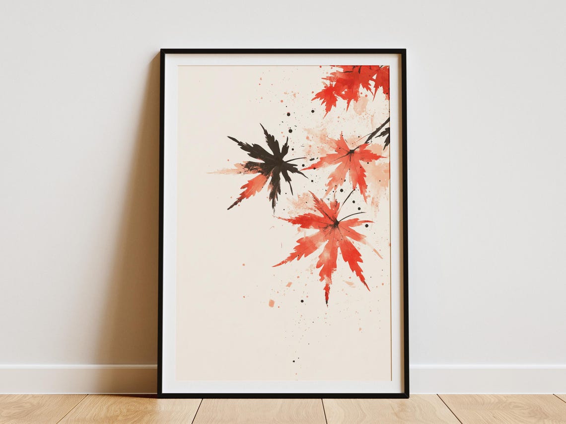 Red Japanese Maple Leaves Sumi E Ink Watercolor Botanical Art Poster