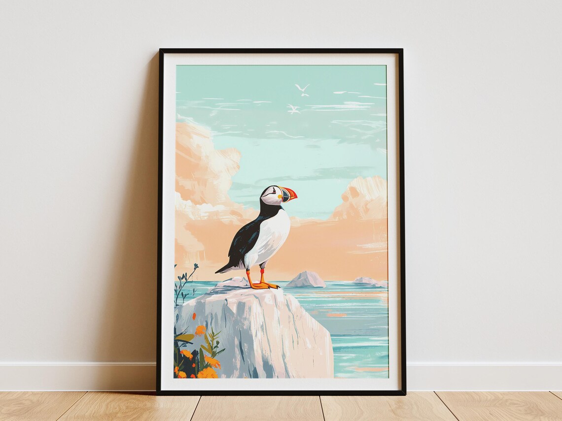 Puffin on a White Cliff with Orange Flowers Coastal Art Poster