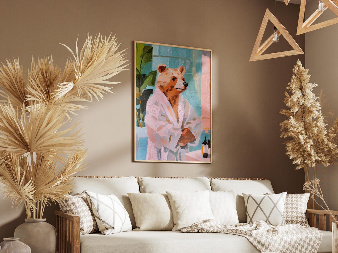 Gentle Brown Bear Wrapped in a Soft Pink Bathrobe Bathroom Poster - Image 3