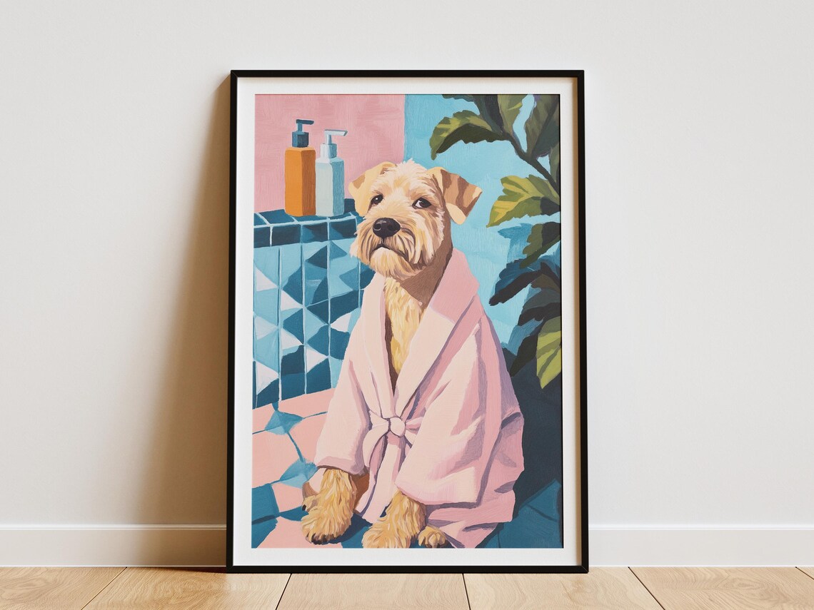Wheaten Terrier Bathrobe Dog Art Print Dog In Pink Robe Poster Cute Puppy Painting Pet Portrait Modern Dog Illustration Whimsical Canine
