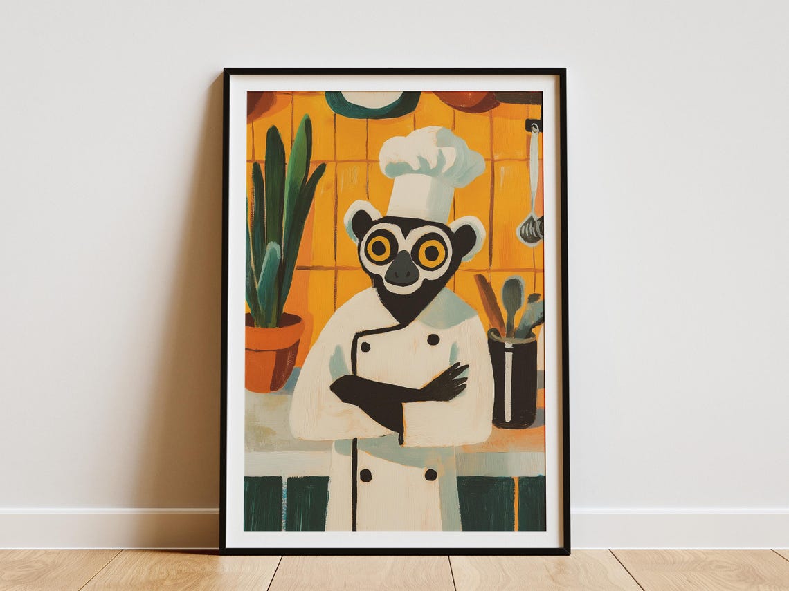 Lemur Chef Art Print, Funny Kitchen Poster