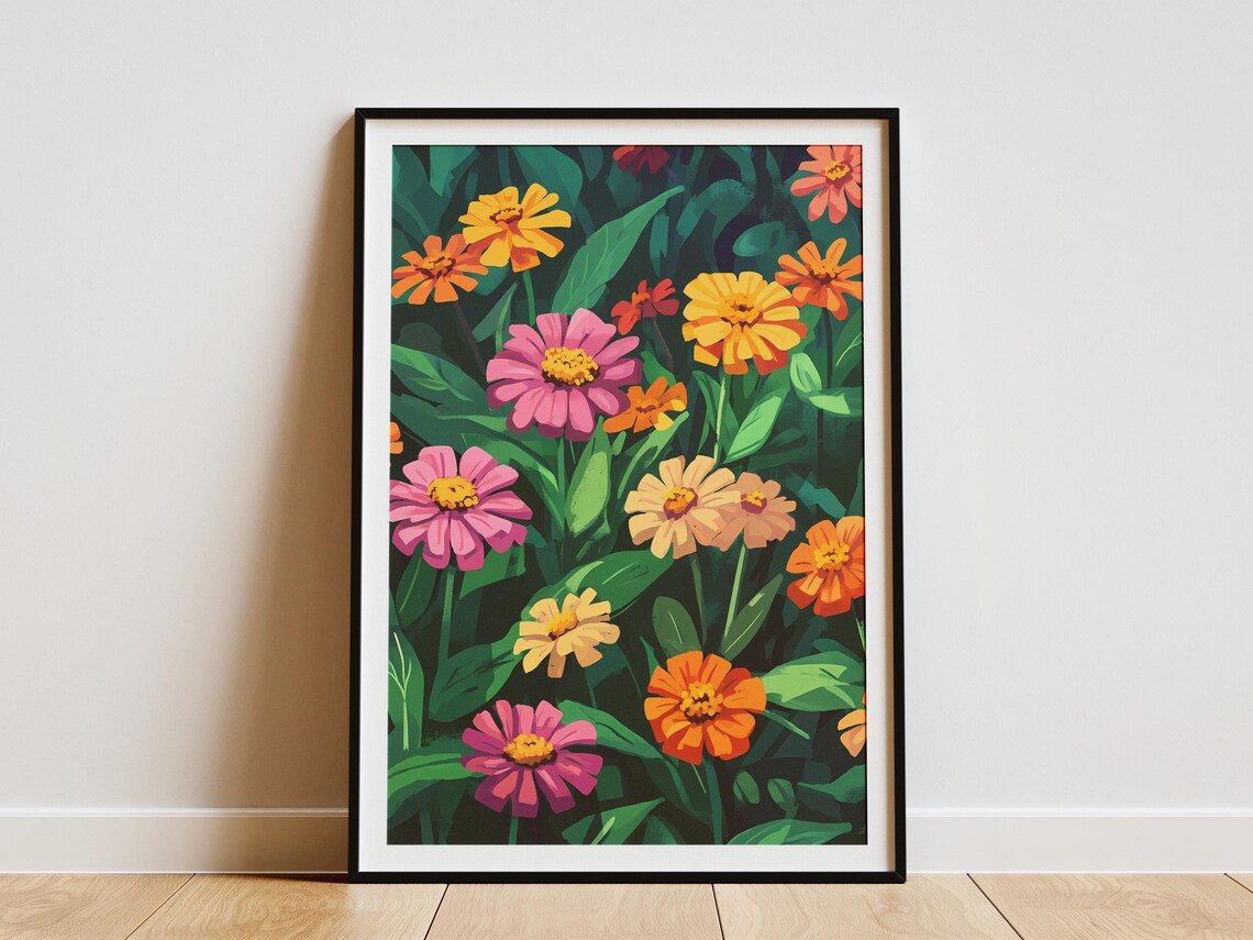 Vibrant Zinnia Garden Pink Orange Summer Blooms Floral Poster
