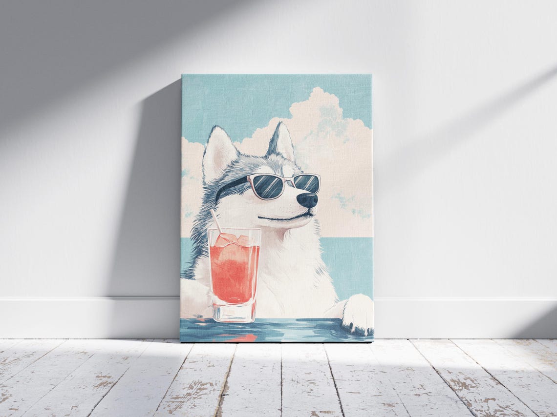 Husky Dog with Sunglasses Summer Cocktail Beach Scene Poster - Image 2